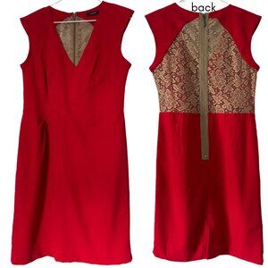 Theme red lace back midi dress v-neck zipper L